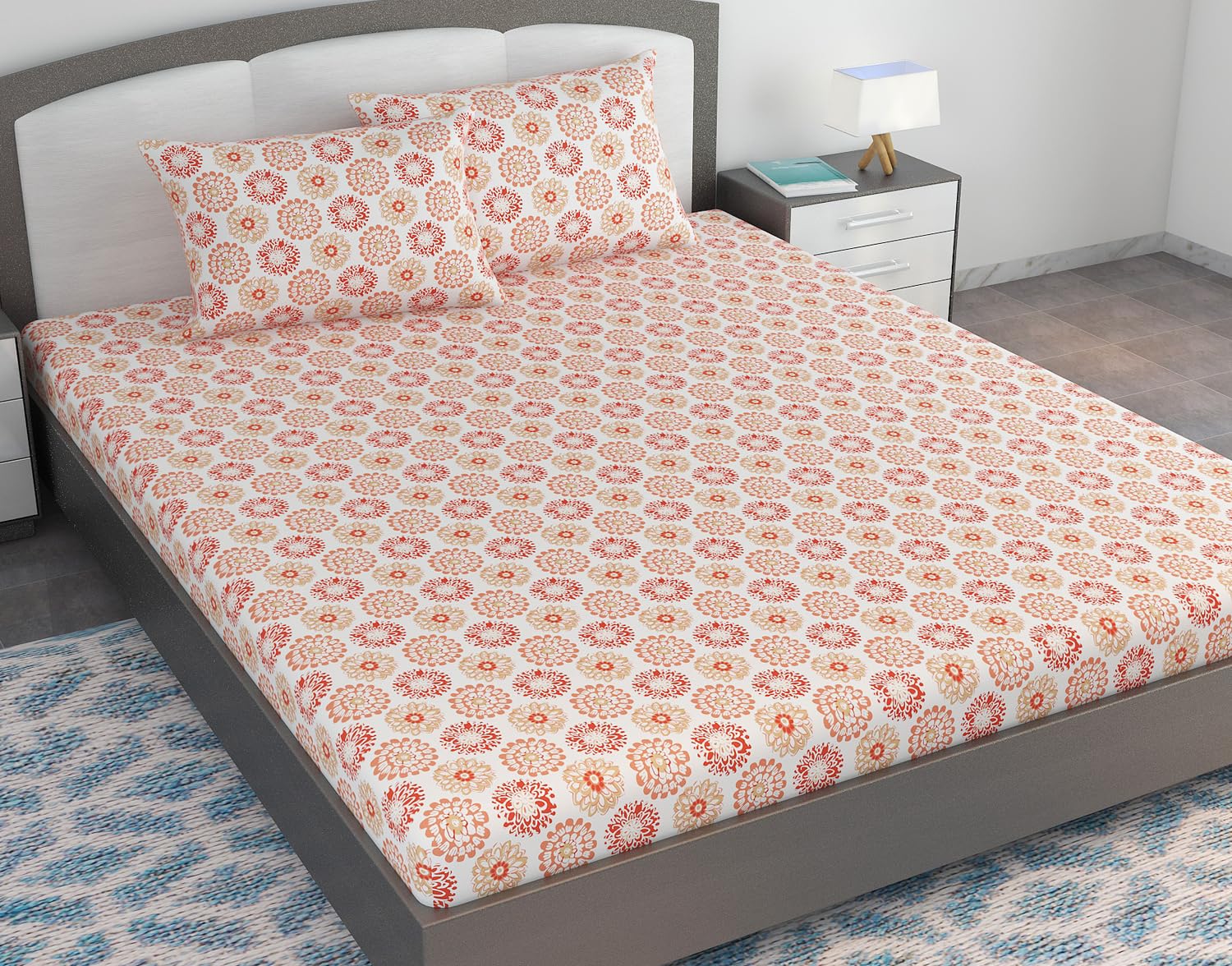 King Size Double Bedsheet With 2 Pillow Covers - 108 X 108 Inches, White & Red Orange | Soft & Durable For Everyday Use - All Season Comfort
