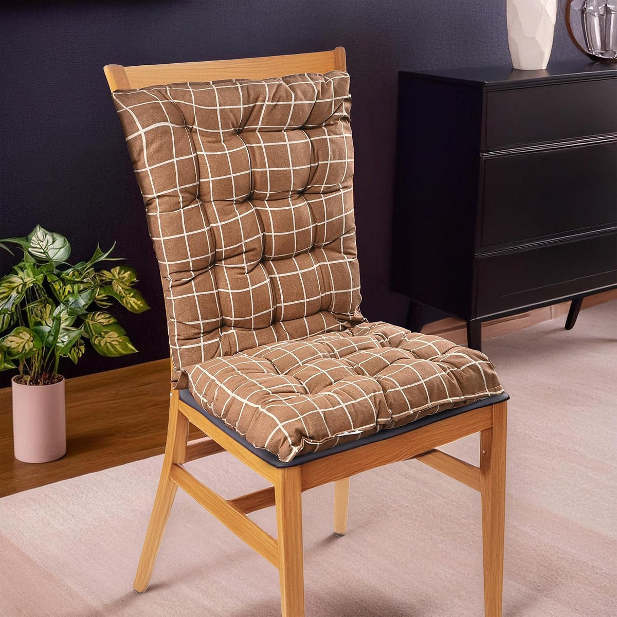 Long Comfortable Rocking Chair Cushion With Ties, Check Printed - Brown - 18 X 36 Inch | Back Rest & Seat Cushions Chair Pad, For Rocking Chairs | Chair Cotton Cushion For Office & Home Use