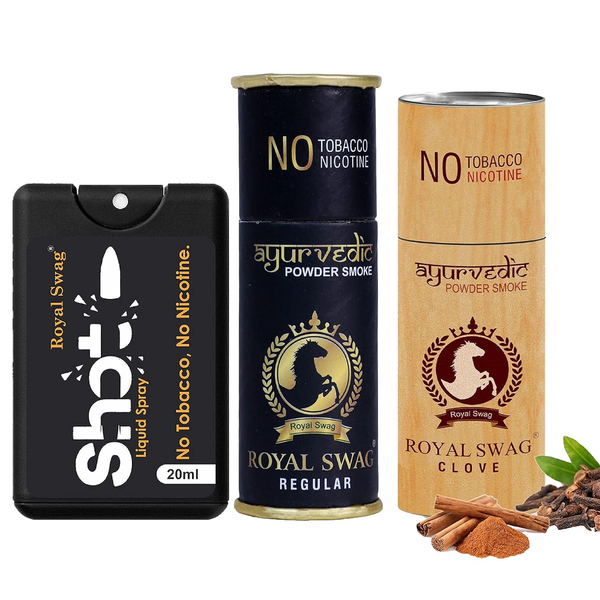 Royal Swag Ayurvedic & Herbal Cigarettes Regular Flavour & Clove Flavour (05 Sticks Each) With 20ml Shot Anti Addiction Spray - (10 Sticks)