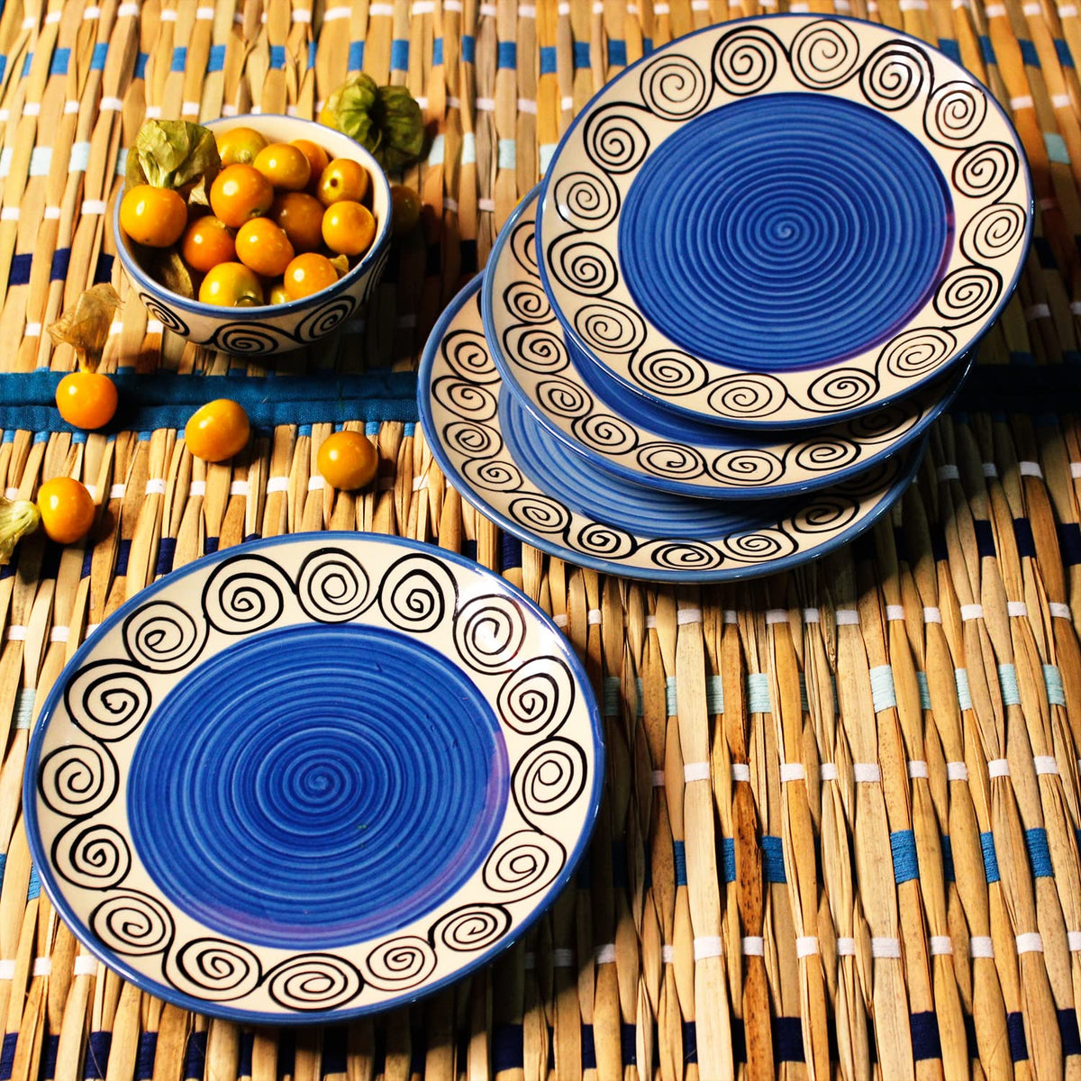 Hand Painted Blue Swirl Ceramic Quarter Plates Set Of 4 | Small Side Plates For Dinner & Snacks - 7 Inch, 4 Pieces, Microwave Safe