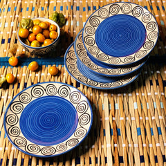 Hand Painted Blue Swirl Ceramic Quarter Plates Set Of 4 | Small Side Plates For Dinner & Snacks - 7 Inch, 4 Pieces, Microwave Safe