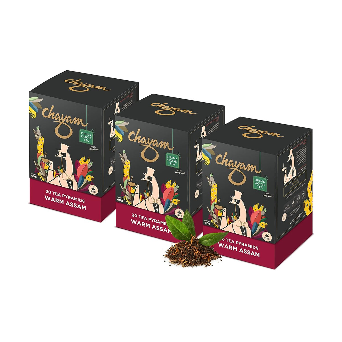 Chayam Warm Assam Tea - Pack Of 3 X 20 Pyramid Tea Bags | Premium Orthodox Whole Leaf Black Tea - Make Iced Or Hot Tea | Low Caffeine, Gluten Free, High Antioxidants