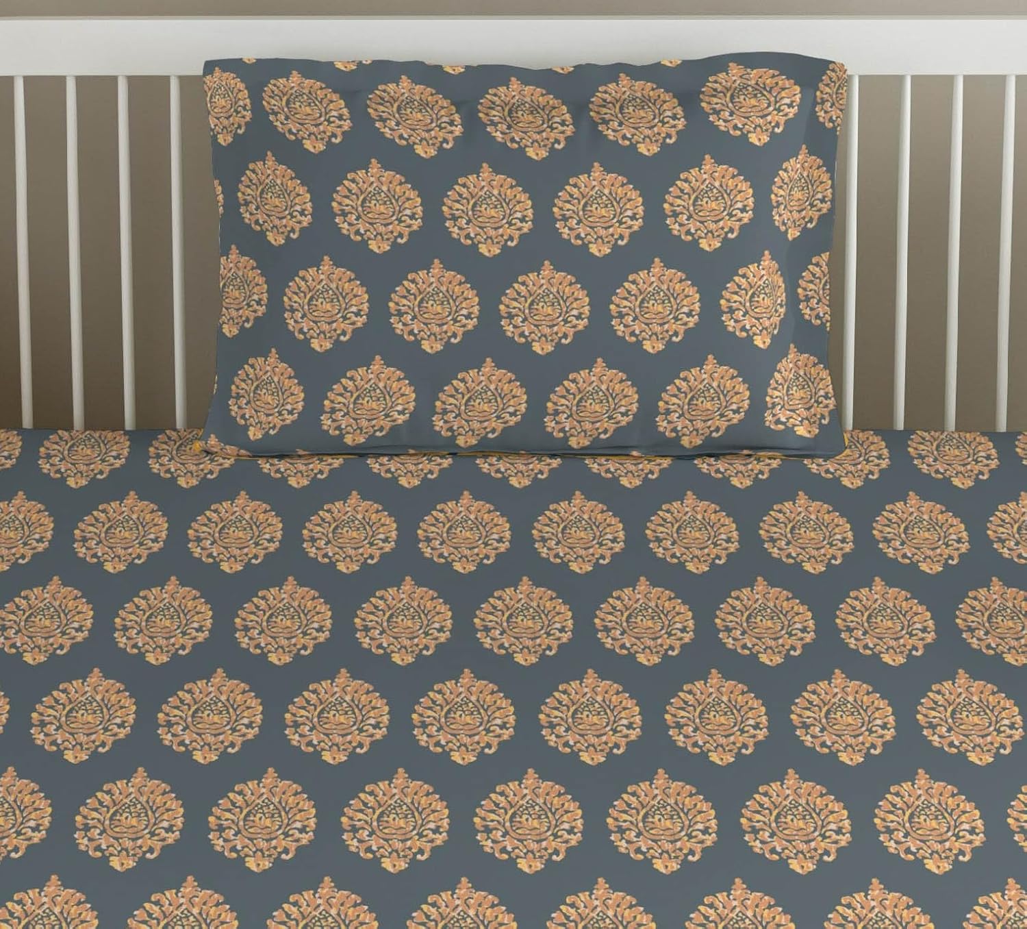 Cotton Printed Single Flat Bedsheet With 1 Pillow Cover - 60 X 100 Inches, Grey & Mustard | Breathable & Skin Friendly Bedsheet | Ideal For Year Round Use