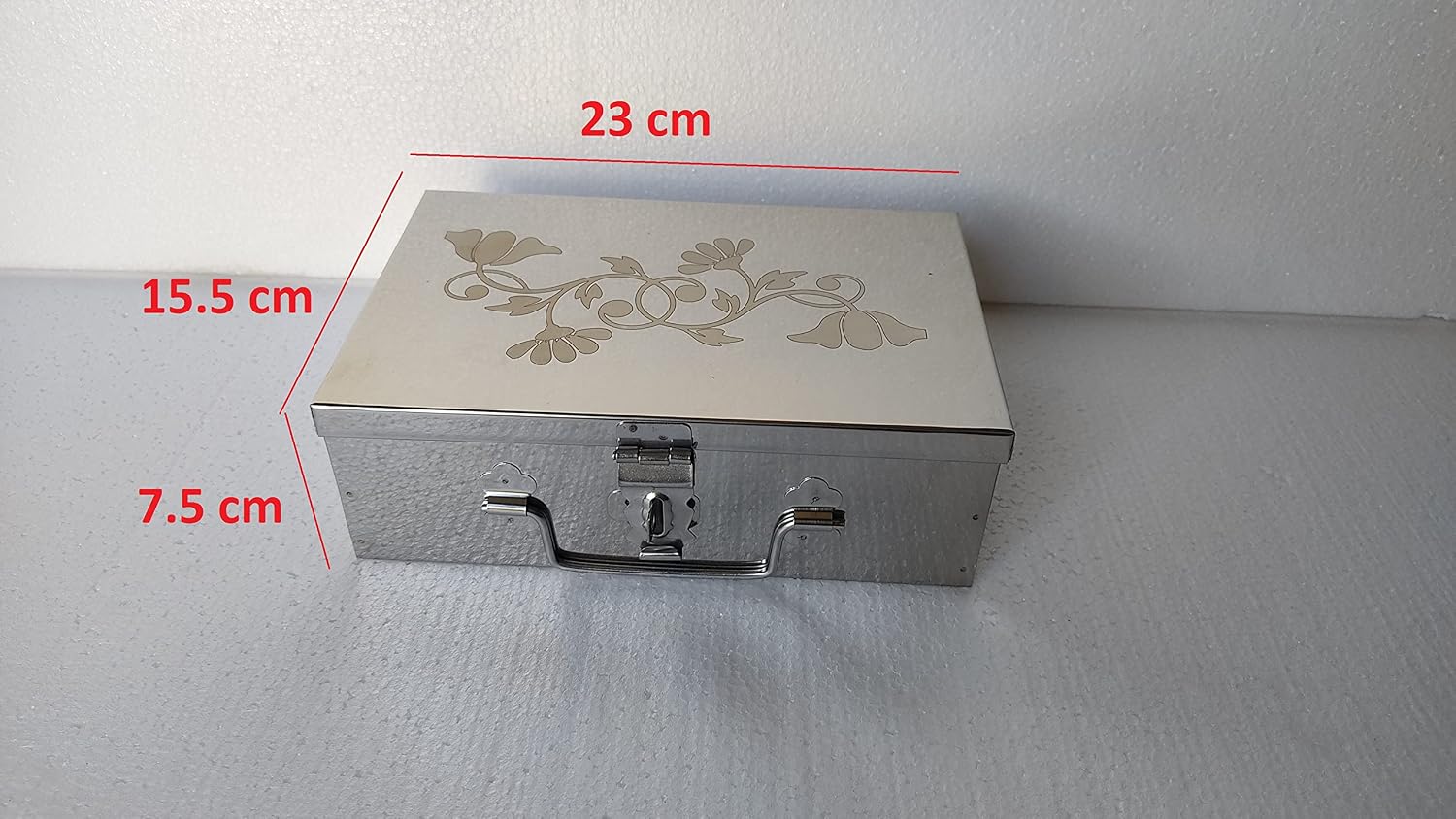 Stainless Steel Storage Boxes, Cash Peti, Pooja Peti, Organizer, Vanity Box, Safe Locker Box- 9 Inch Storage Box, W-23 Cm, H-7.5 Cm, L-15.5 Cm. Cash Box With Laser Print Design, Medium