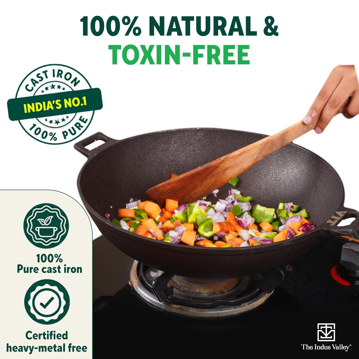 Pre-Seasoned Black Cast Iron Wok Kadai - Large, 31cm, 12 Inch, 3.2 Liters, 2.8 Kg | Induction Friendly, Naturally Nonstick, 100% Pure & Toxin-Free, No Chemical Coating