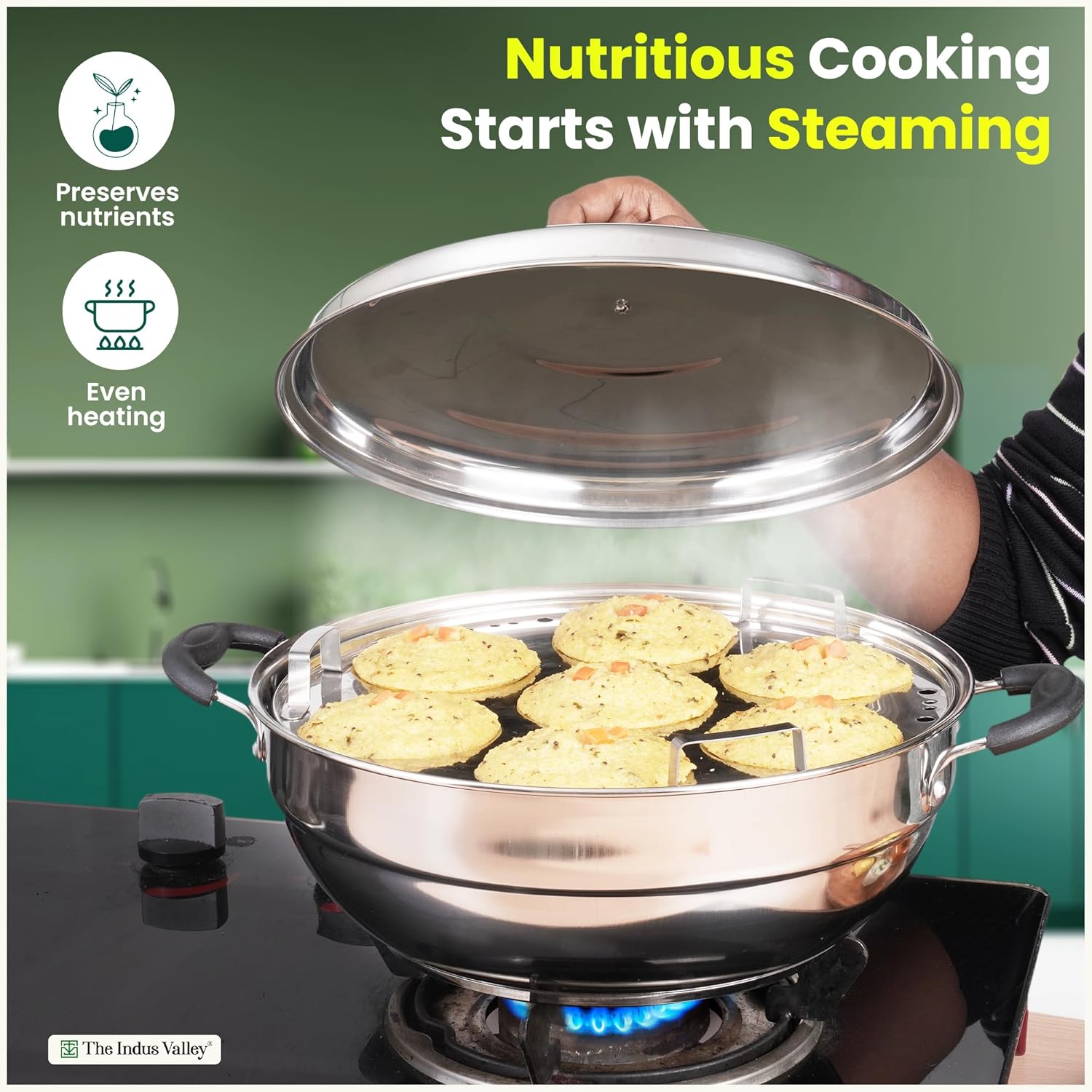 Stainless Steel Idli Maker, Dhokla Maker, Momo Maker - Multi Pot & Steaming Set | Large, 5 Plates, 29cm 11.3 Inch, 4.2 Liters, 1.5 Kg - Nonstick 3-Layer Bottom | Induction Friendly