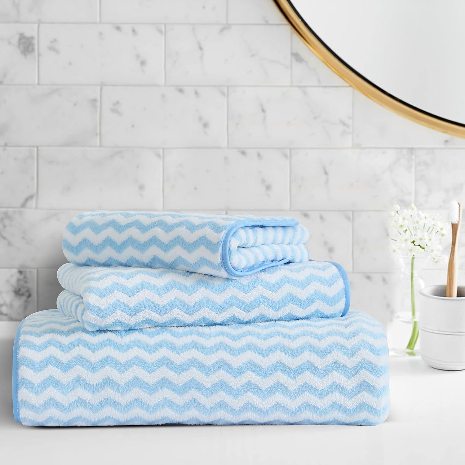 Spread Spain Microfiber Wave Coral Face & Bath Towel 900 Gsm | Quick-Drying & Ultra Absorbent Towel Set For Anniversary & Wedding Gift - Blue (Pack Of 2)