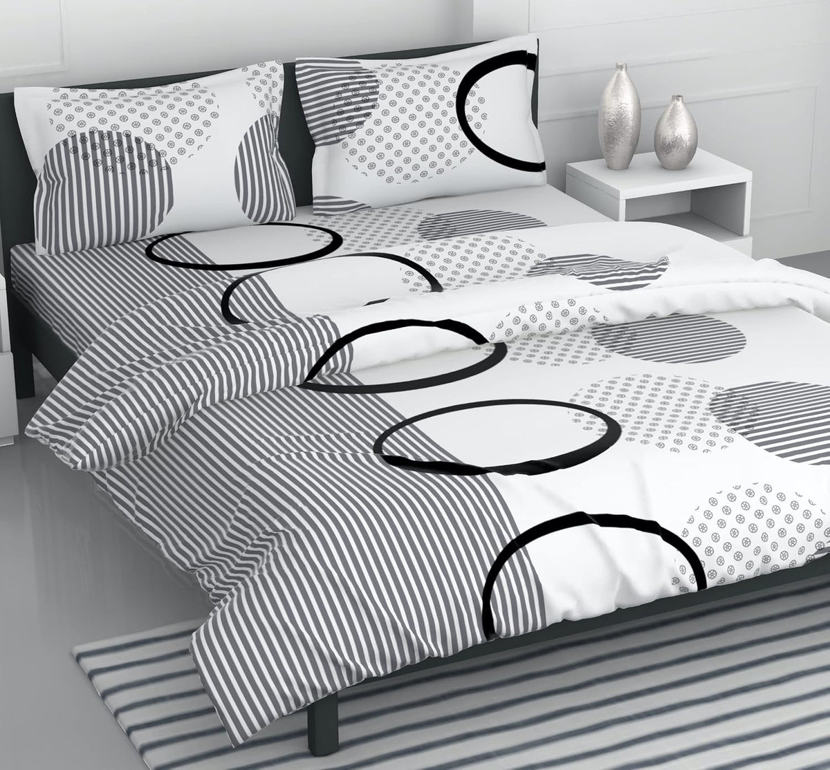 1 Double Bedsheet With 2 Pillow Covers - 88 X 90 Inches, White & Dark Grey | Queen Size Double Bedsheet Cotton | Ideal For Everyday Use