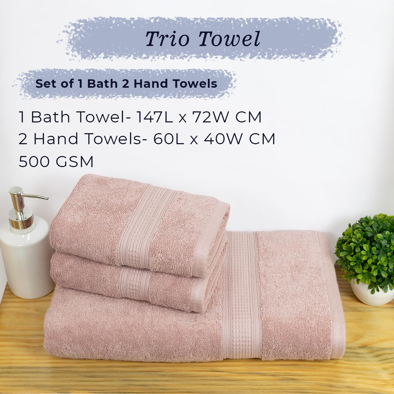 Rangoli 100% Cotton Fibre 1 Bath & 2 Hand Towel 900 Gsm | Highly Durable & Super Absorbent Towel | Skin-Friendly & Quick Drying Luxury Towels (Peach) - Pack Of 3