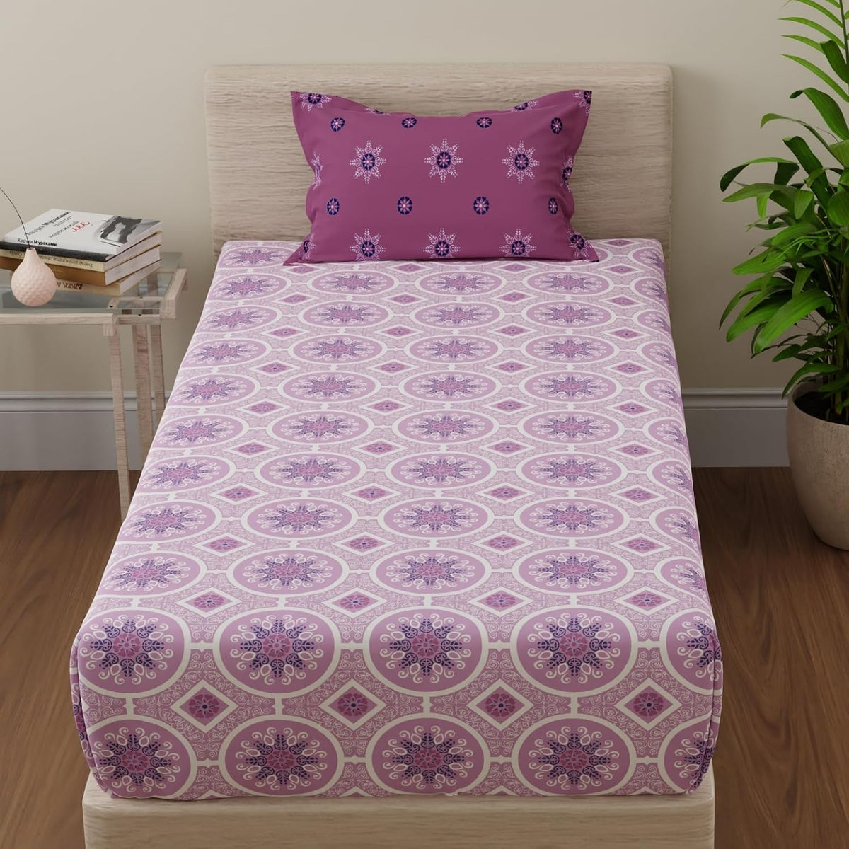 Single Bedsheets With 1 Pillow Cover - 55 X 88 Inches, Pink & Magenta | Perfect For Home Decor & Gifts | 144 Thread Count
