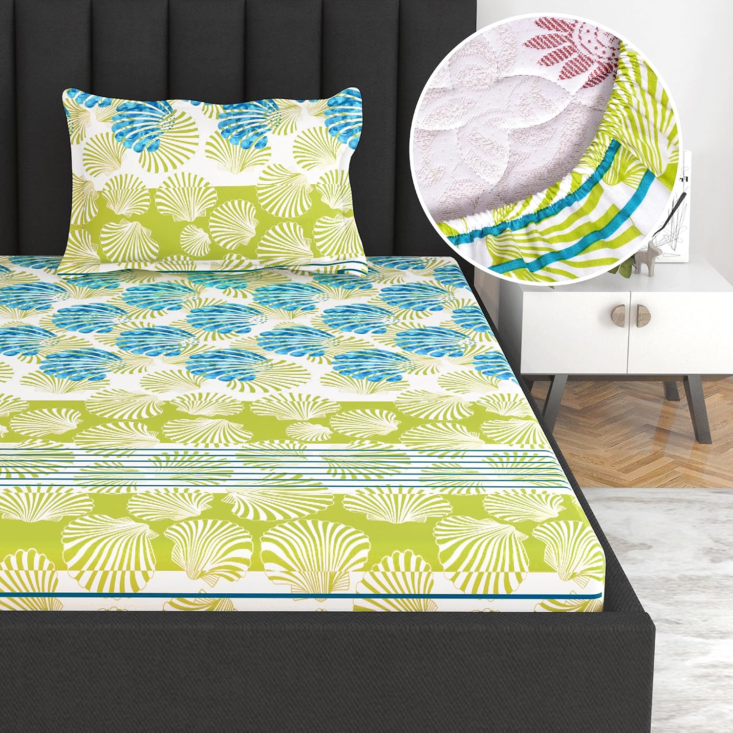 Super Soft Single Fitted Bedsheet With 1 Pillow Cover | 57 X 78 + 6 Inches, White & Green - Perfect For Use In Bedrooms, Guest Rooms, Dormitories