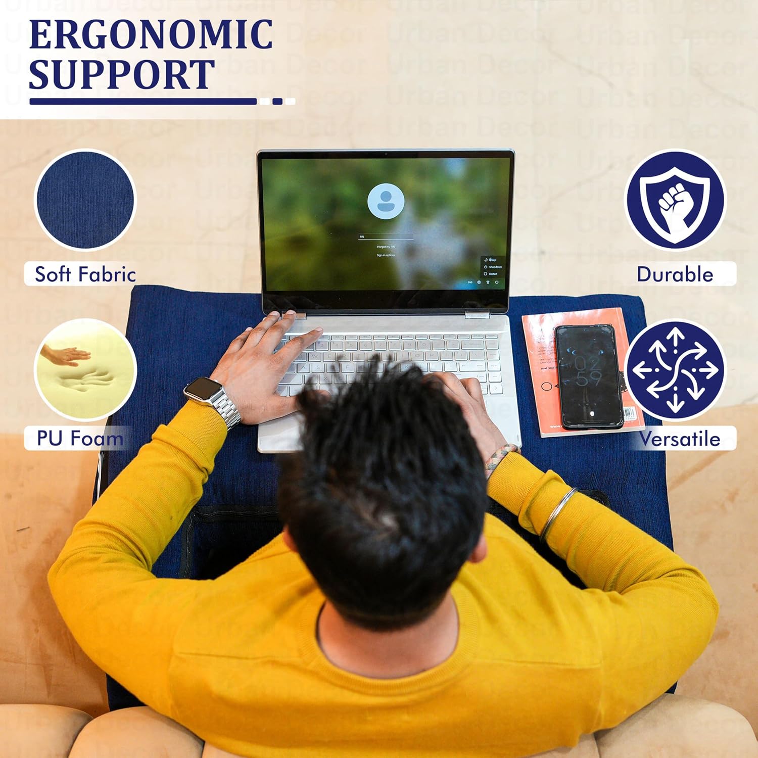 Lap Desk Pillow, Portable Computer Table & Laptop Lap Desk For Sofa, Blue | Ergonomic Gaming Desk Table With Arm Rest | Work Desk Accessories For Reading, Neck Support, Washable Cover