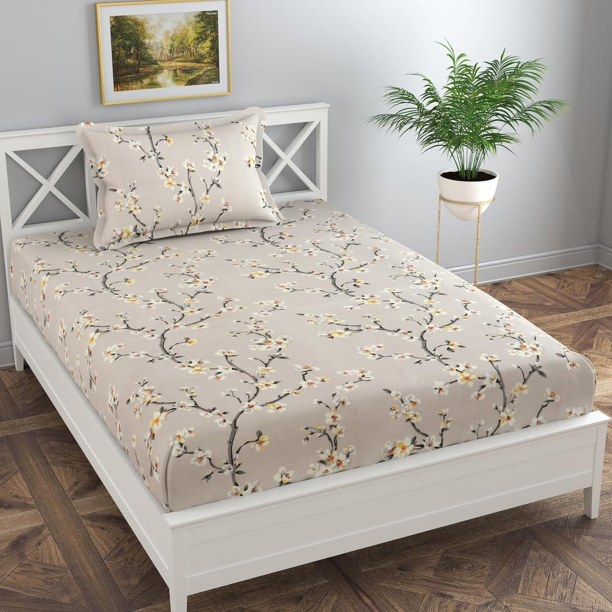 Comfortable Floral Single Bedsheet With 1 Pillow Covers - 61 X 89 Inches, Grey | Lightweight, Washable & Fade-Resistant Bedsheet Designed For Daily Use