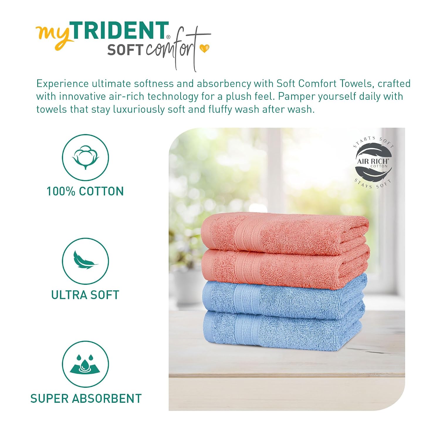 Mytrident Soft Comfort Air Rich 100% Cotton Hand Towel 800 Gsm | Highly Absorbent Towels For Men & Women Hand Towel (Allure & Coral Haze) - 4 Pcs