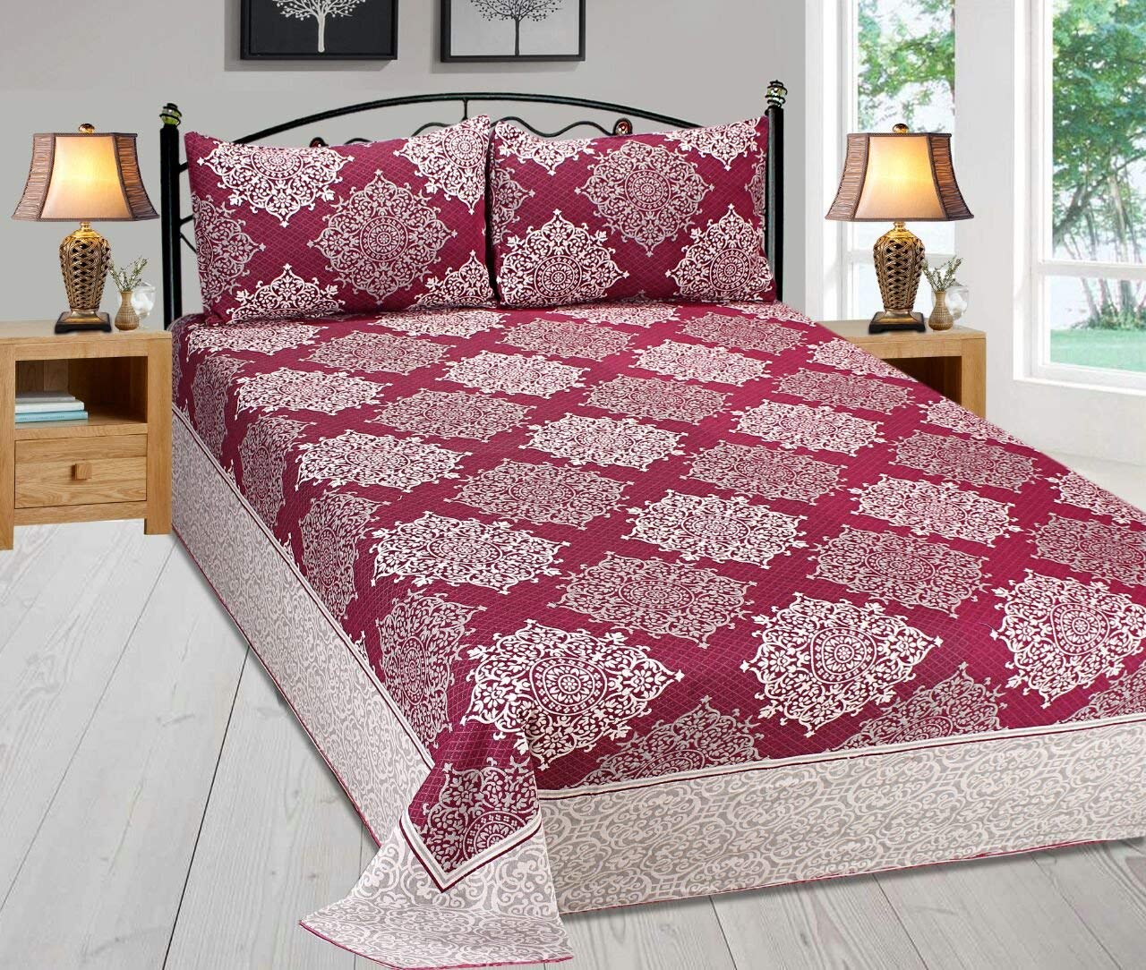 Double Bedsheet With 2 Pillow Cover - Size 90 X 100 Inches, Red | Designer Printed Bedsheet Set - Naturally Soft, Breathable, & Skin Friendly
