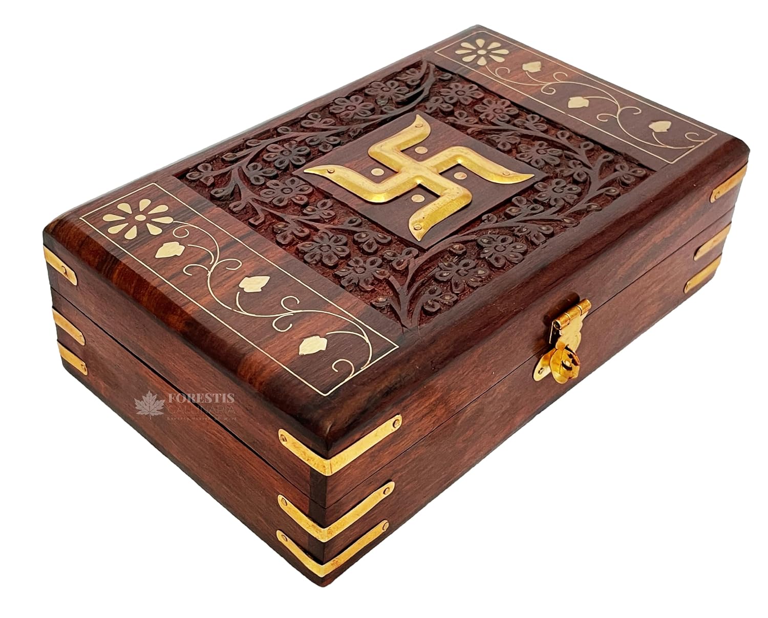 Exquisitely Hand Brass - Filled Wooden Swastik Box For Good Luck| Jewellery Box, Handmade Decorative Case, Vanity Organiser For Women, Girls, Necklaces, Gold 8 X 5 Inches, Tombs