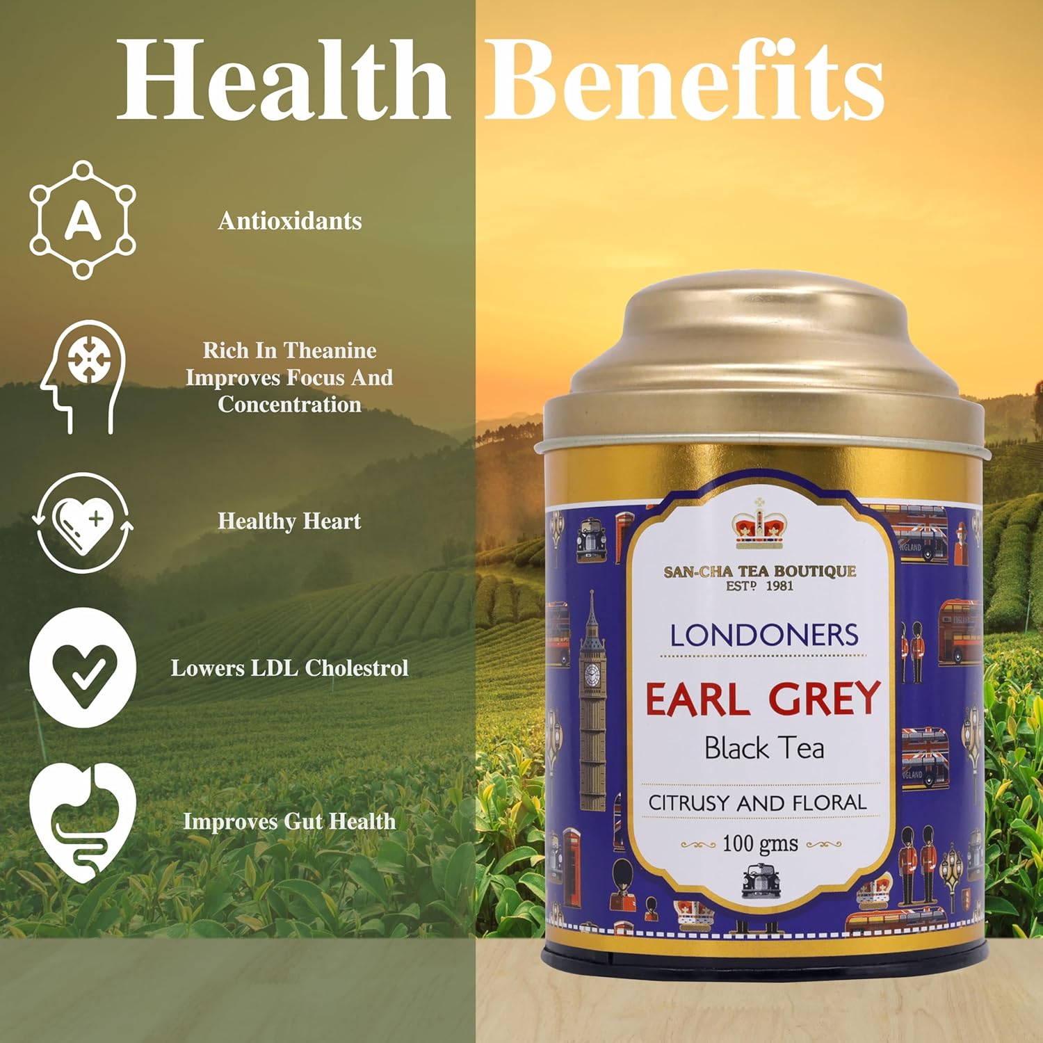 San-Cha Londoners Earl Grey Black Tea - 100gm, 3.5 Ounce, 50+ Cups | Citrusy & Floral Notes Leaf Tea - Golden Orange Pekoe Tea | Medium Caffeine Loose Leaf Tea
