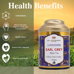 San-Cha Londoners Earl Grey Black Tea - 100gm, 3.5 Ounce, 50+ Cups | Citrusy & Floral Notes Leaf Tea - Golden Orange Pekoe Tea | Medium Caffeine Loose Leaf Tea
