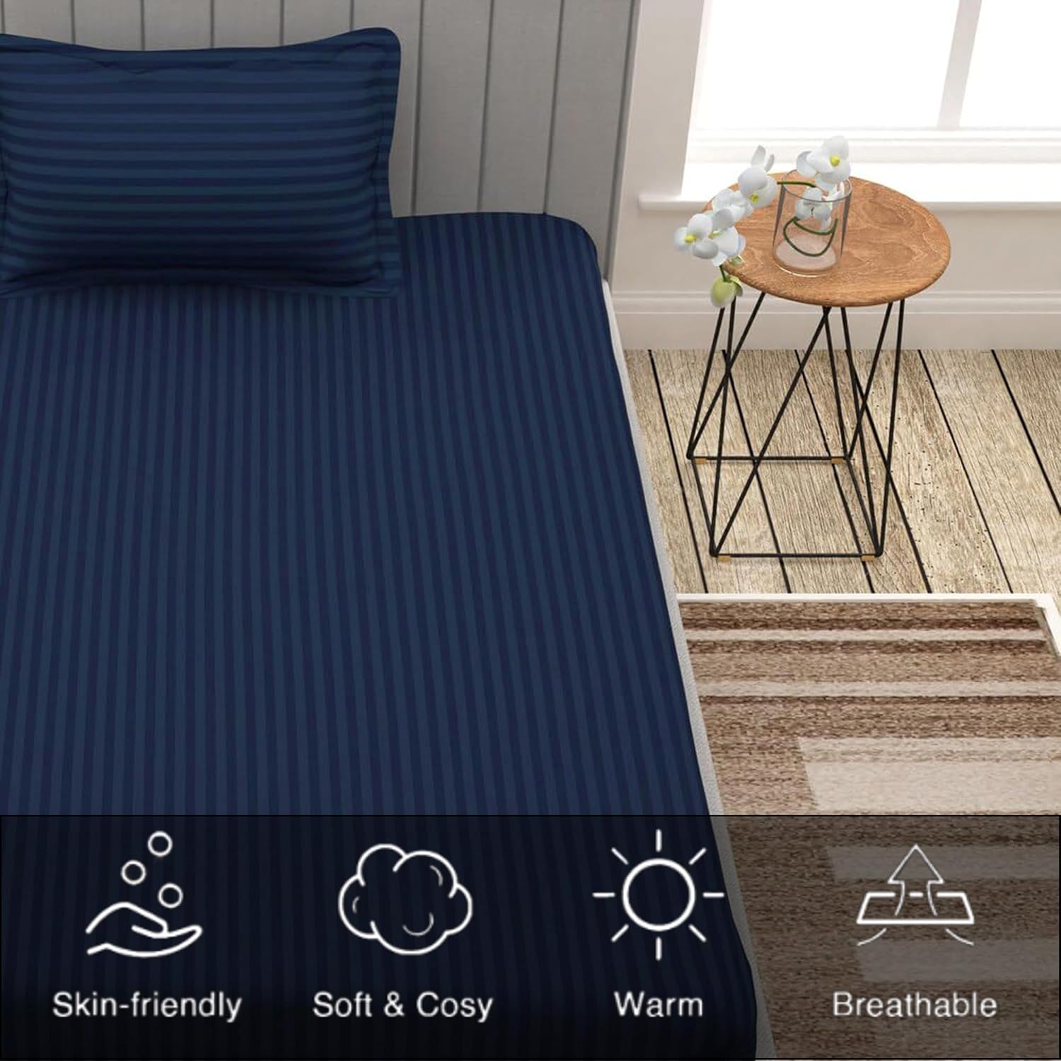 Striped Single Bedsheet With 1 Pillow Cover 60 X 90 Inches, Navy Blue | Comfortable & Durable | Elegant Printed Bedding Set For Daily Use