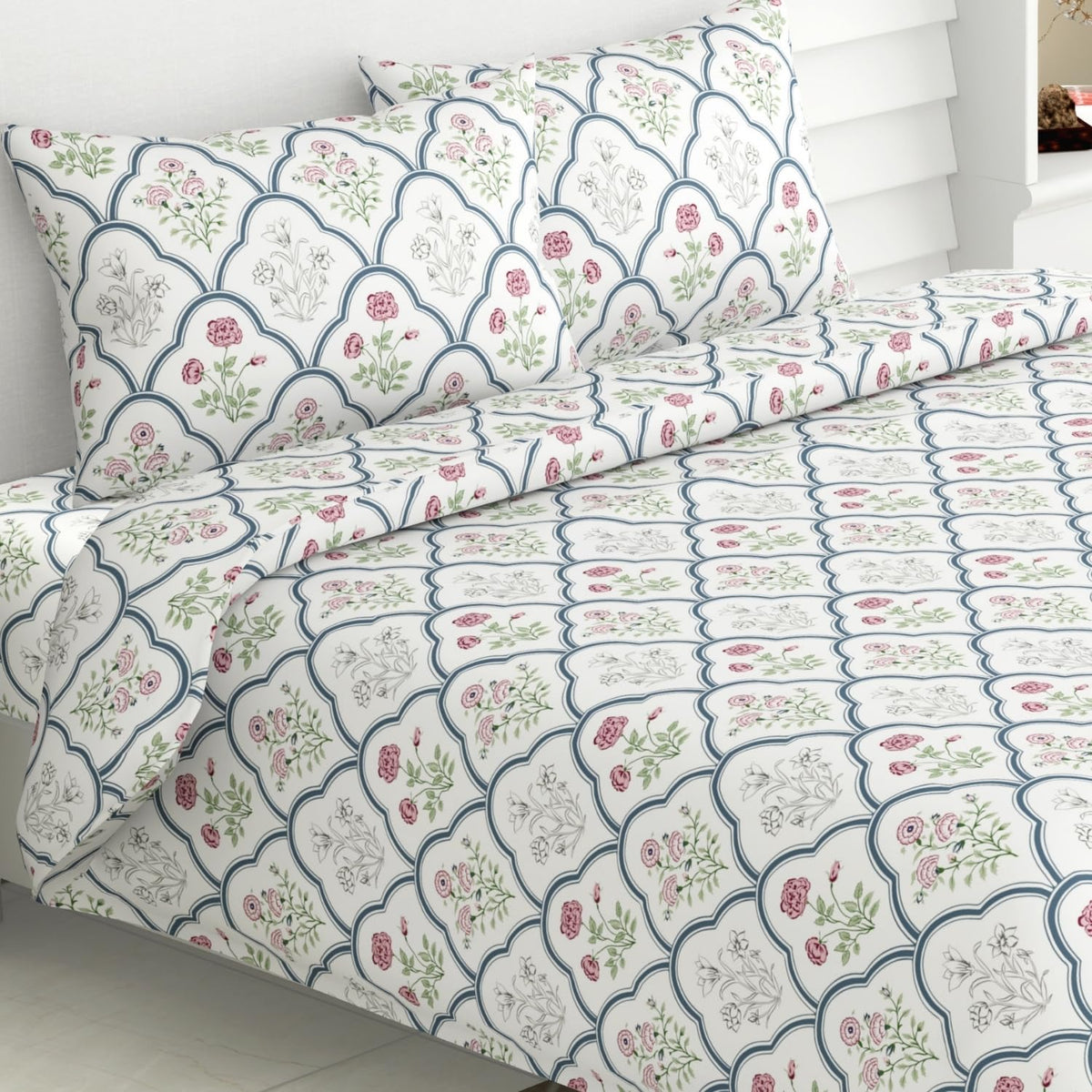King Size Bedsheet With 2 Pillow Covers - 108 X 108 Inches, White & Green | Breathable Softness & Durability | Shrink?Resistant & Fade?Resistant