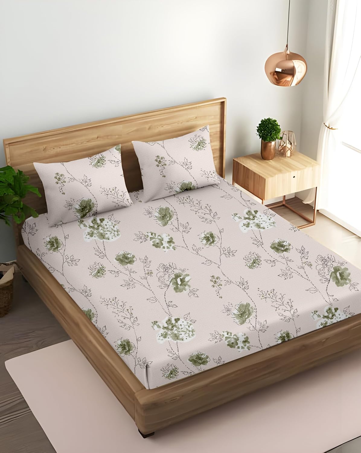 King Size Fitted Bedsheet With 2 Large Pillow Covers - 108 X 108 Inches, Beige & Green | Soft, Breathable & Durable | Wrinkle Resistant