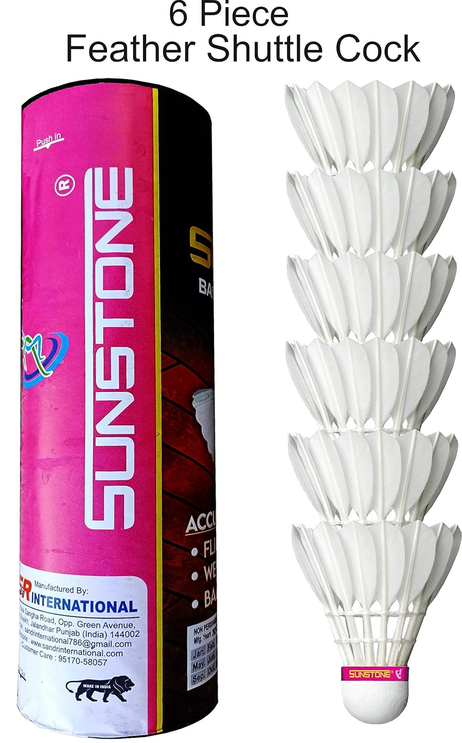 Sunstone F 206 Badminton Feather Shuttlecock , Good Furnished Quality, Made Of Good Cork Base , Excellent Flight & Balance | White , Pack Of 6