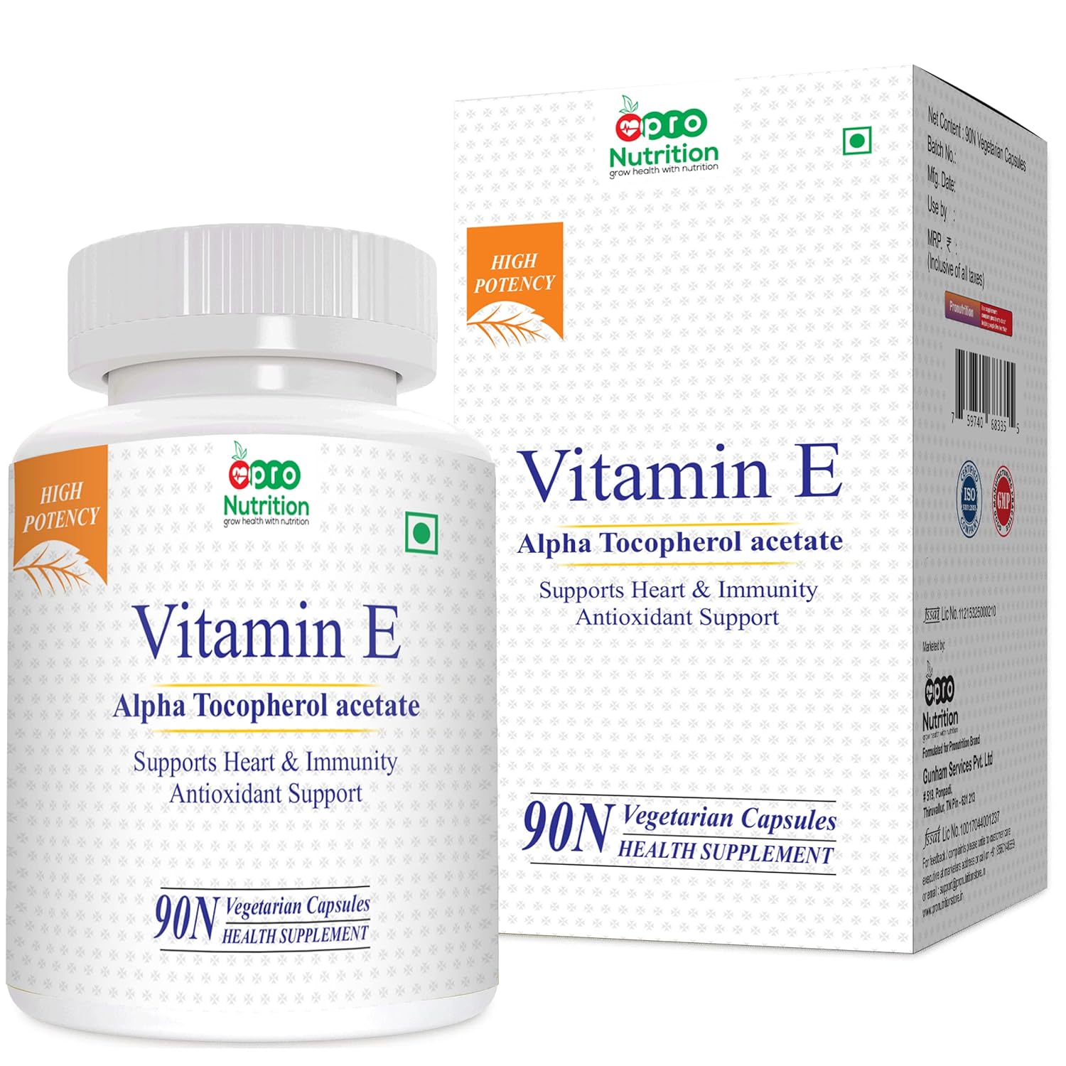 Pronutrition Vitamin E With (D - Alpha Tocopheryl) Gluten Free | 90 Veg Capsules , 150gm 0.3lbs