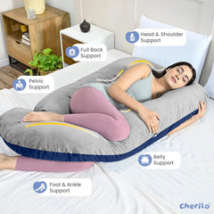 Full Body Pillow, G Shape Pregnancy Pillow, For Pregnant Women, Grey & Navy Blue | Single Pillow For Multipurpose Use During Maternity | Premium Velvet Cover With Zip, Adjustable Pillow
