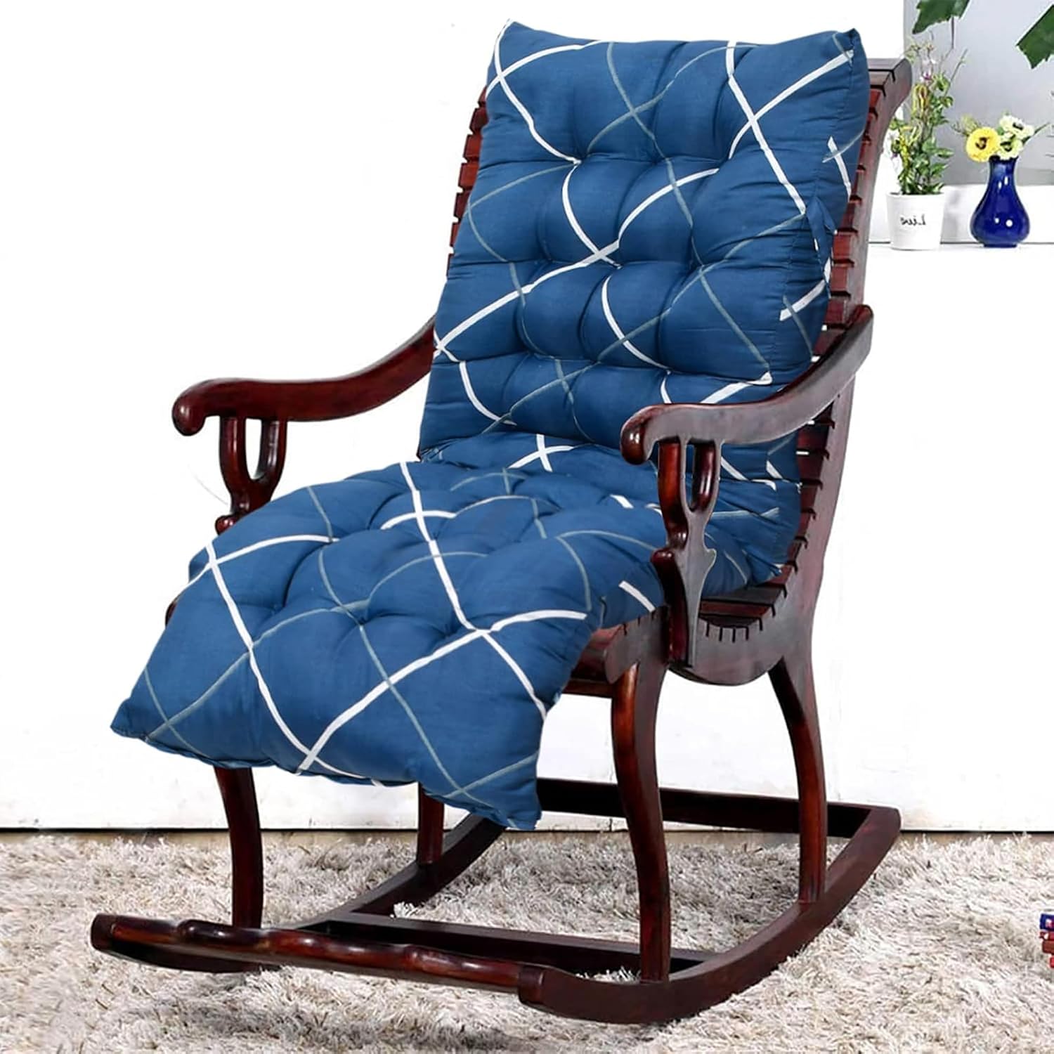 Chair Cushion For Sitting, Long Rocking Chair Cushion, XL Size - 18 X 48 Inch | Geometric Printed - Blue, Chair Pad For Home, Office | Back Seat Cushions With Ties | Long-Lasting Comfort