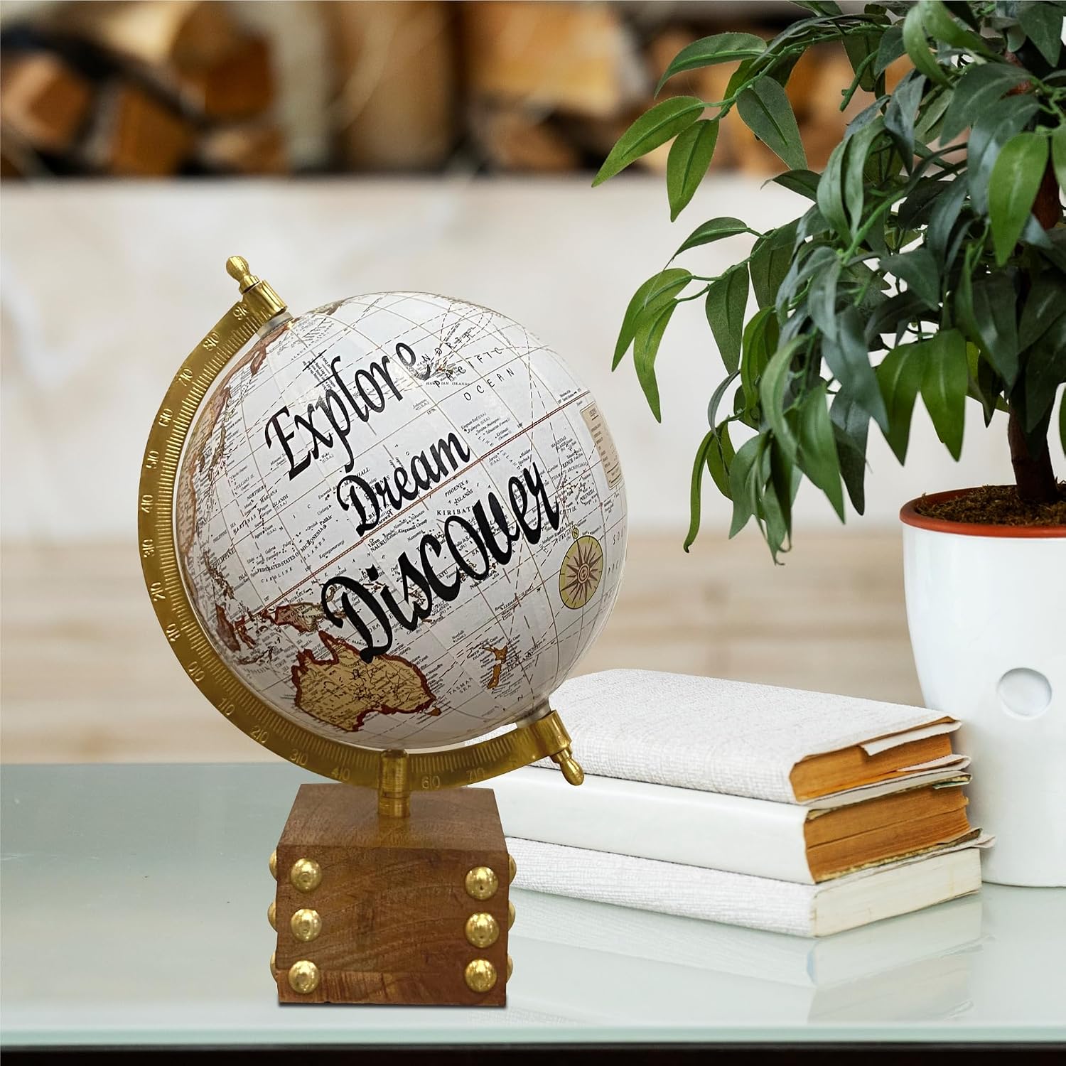 Small World Map Rotating Globe 6 Inch With Elegant Wood Box For Home Decor, Office Desktop Table, Showpiece, Traveler Geography - White, Pack Of 1