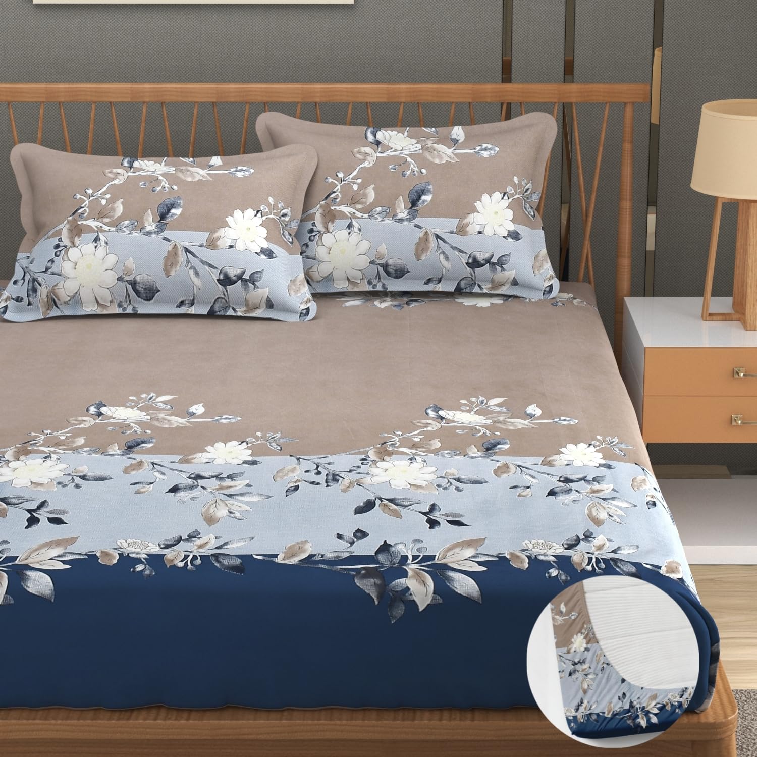Double Bedsheet For Queen Size With Tow Pillow Cover - 72 X 72 Inches, Beige & Dark Blue | All Around Elastic Fitted Breathable & Durable, Soft Touch & Perfect For All Seasons