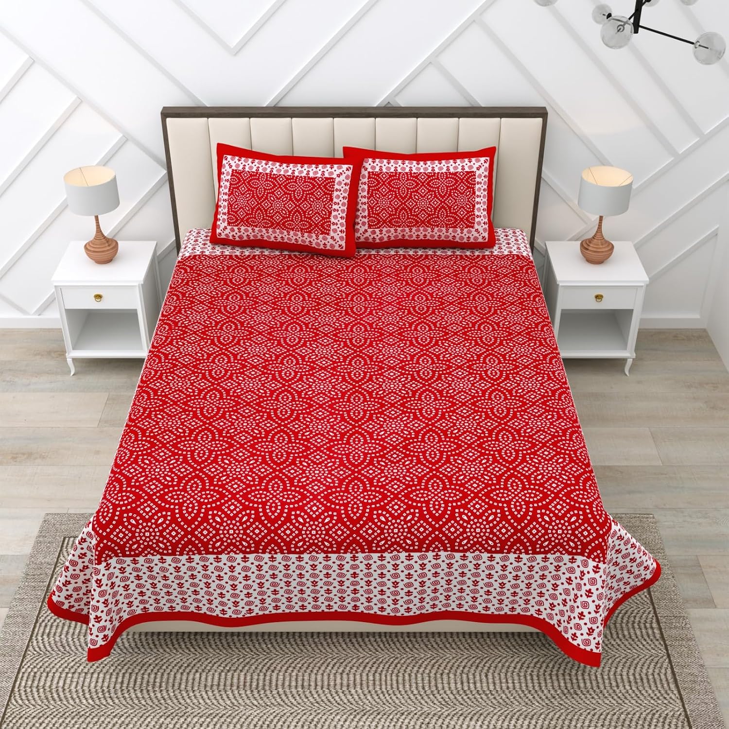 Jaipuri Bedsheets For Double Bed King Size With 2 Pillow Covers - 90 X 100 Inches, Red & White | Soft & Durable For Everyday Use & Bedroom - All Season Comfort