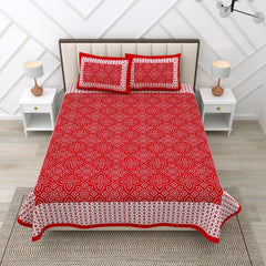 Jaipuri Bedsheets For Double Bed King Size With 2 Pillow Covers - 90 X 100 Inches, Red & White | Soft & Durable For Everyday Use & Bedroom - All Season Comfort