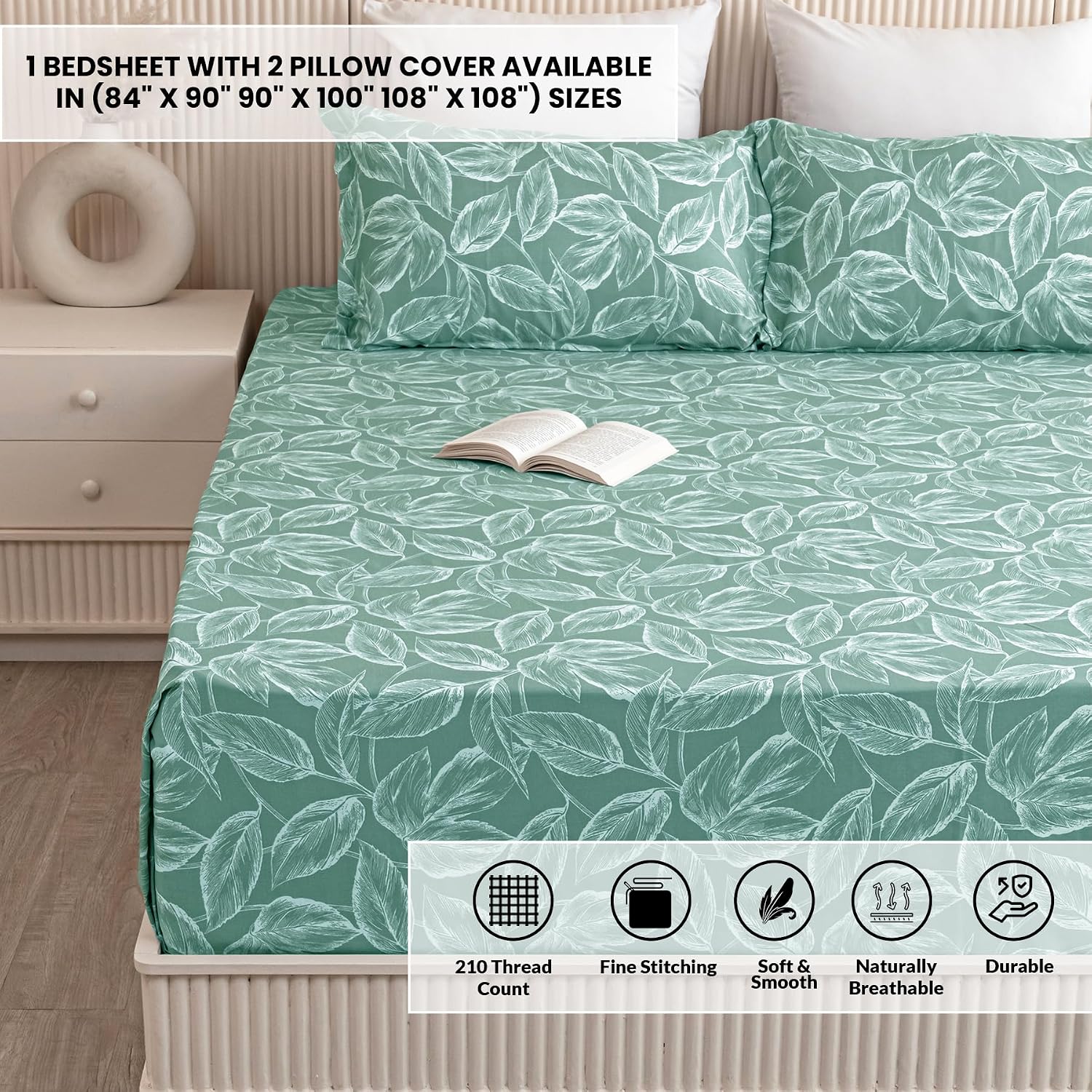 Printed Flat Double Bedsheet With 2 Pillow Covers - 84 X 90 Inches, Aqua Green | Soft Breathable & Wrinkle Free | 210 Thread Count