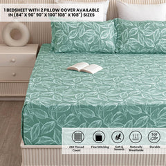 Printed Flat Double Bedsheet With 2 Pillow Covers - 84 X 90 Inches, Aqua Green | Soft Breathable & Wrinkle Free | 210 Thread Count