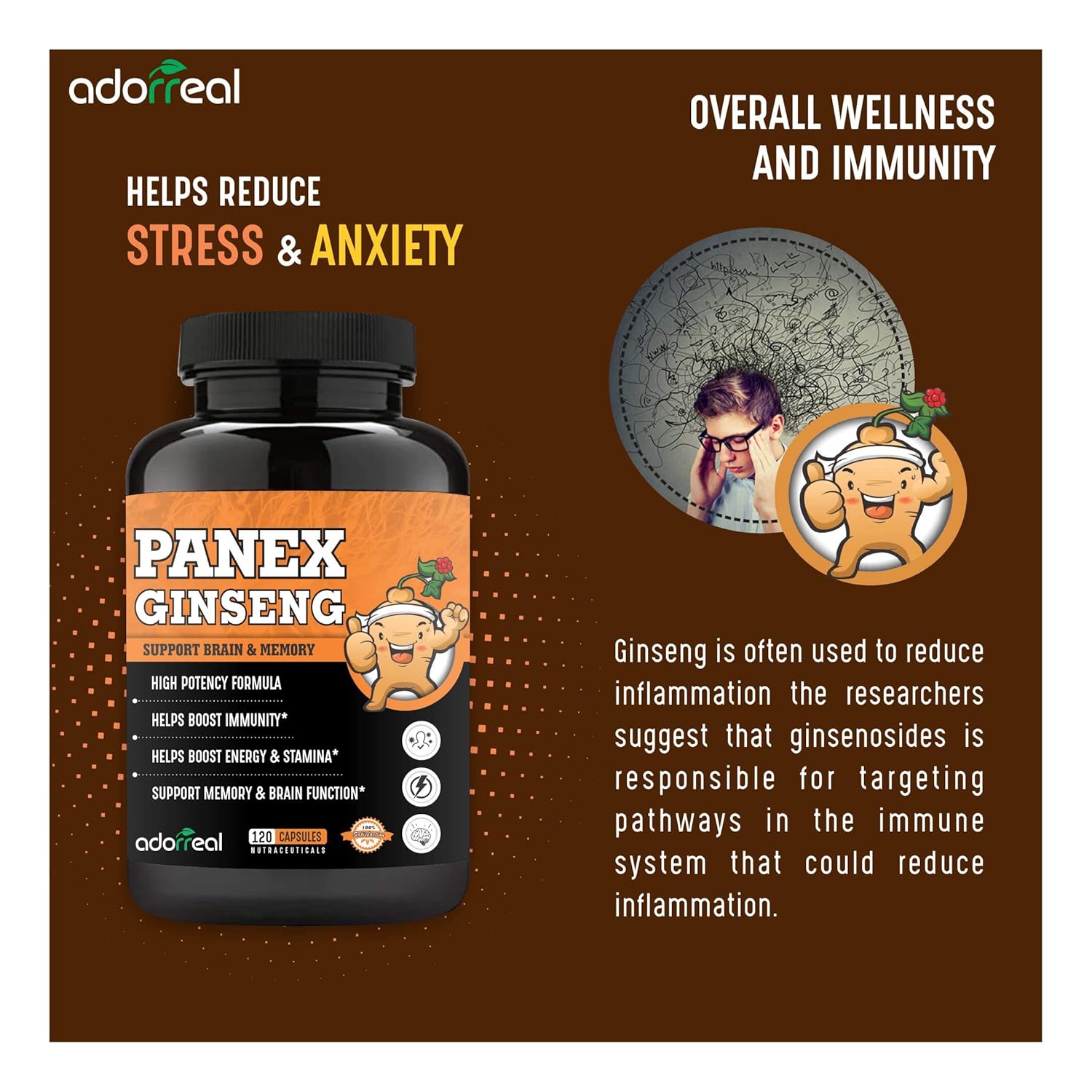 Adorreal Panex Ginseng High Potency Formula, Supports Brain & Memory, Boosts Immunity & Energy | 120 Capsules 150gm 0.3lbs
