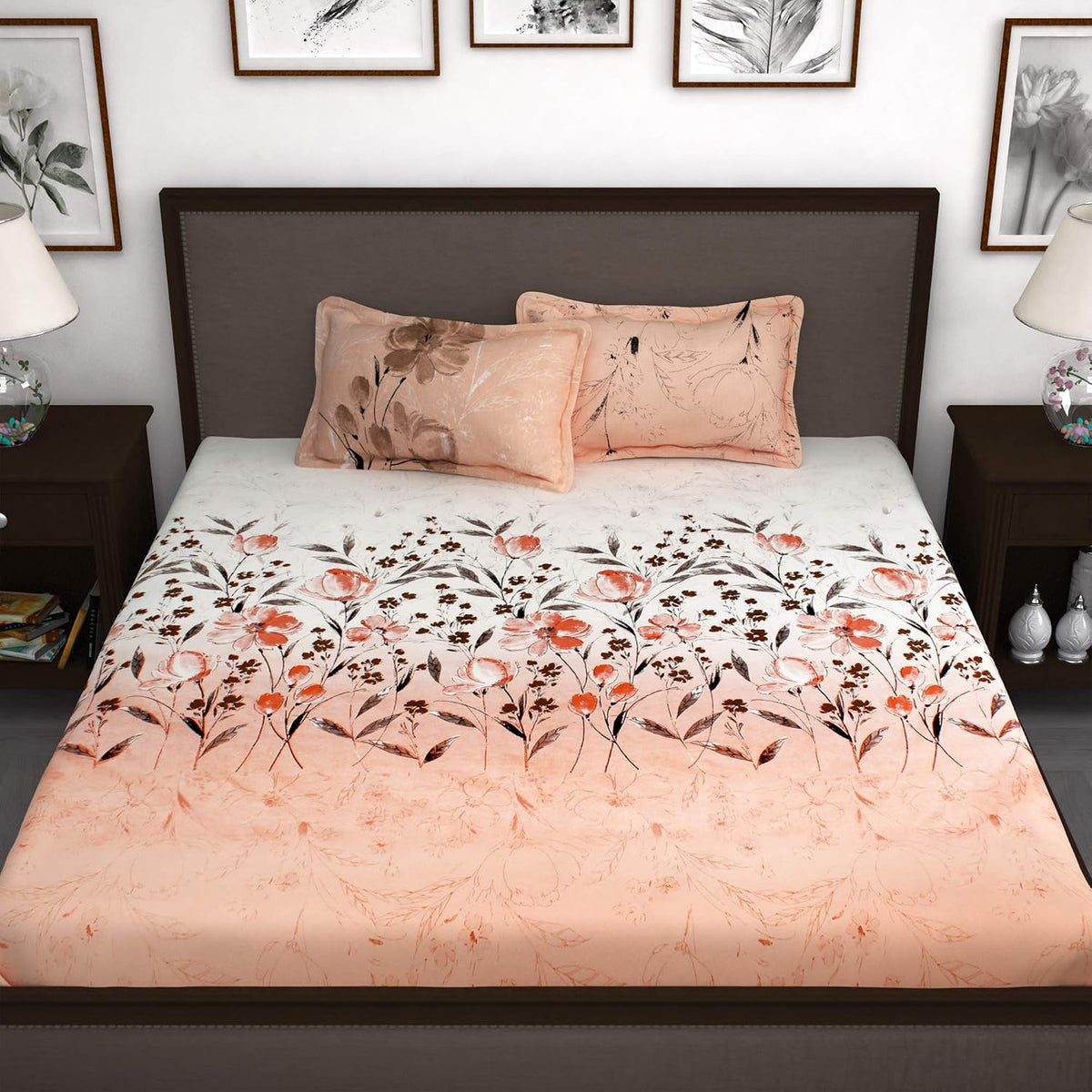 Bedsheet For King Size Bed With 2 Pillow Cover - 108 X 108 Inches, White & Peach | Ideal For All Seasons - Perfect For Gifting, Weddings, Anniversary