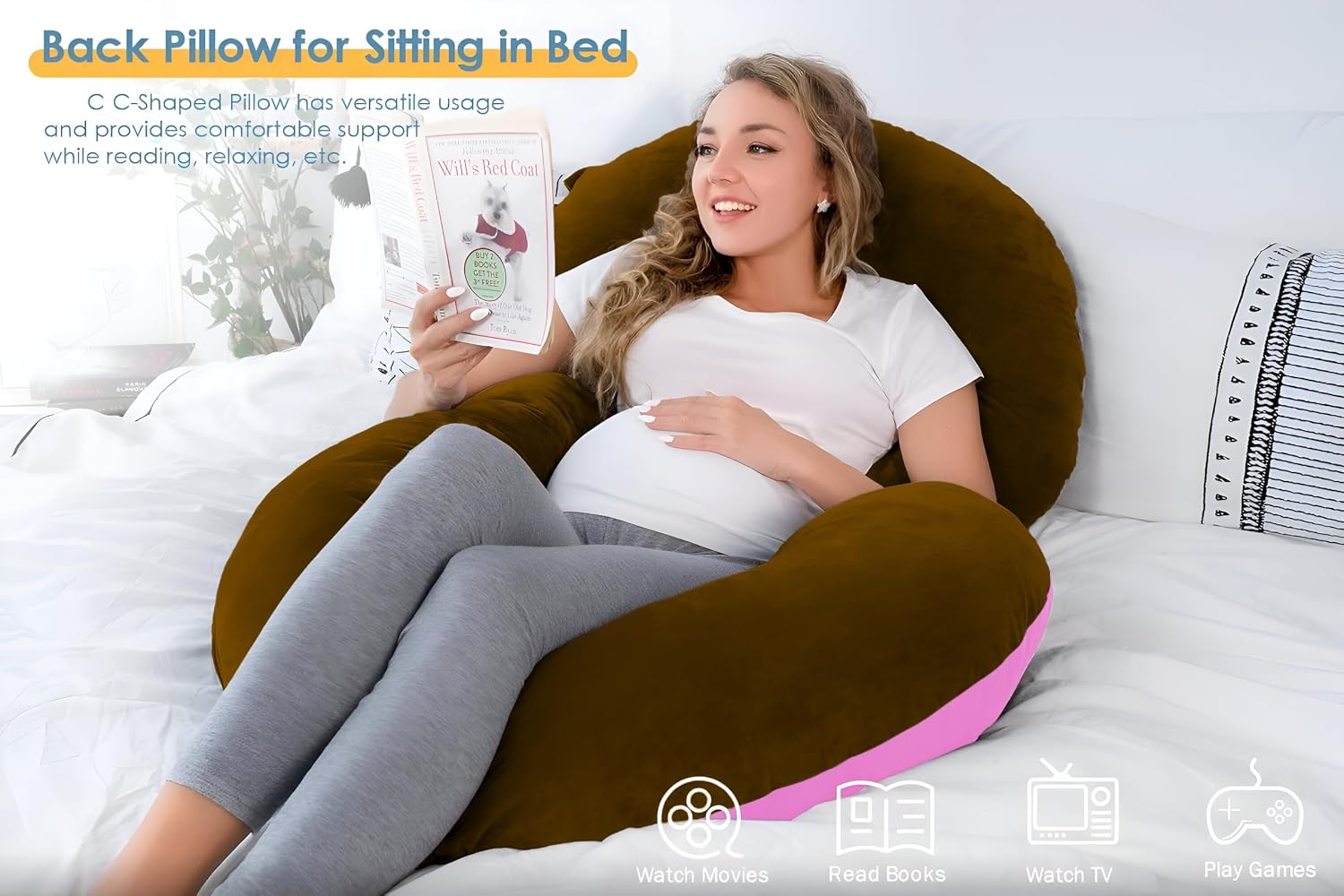 C Shaped Pillow, Pregnancy Pillow For Maternity & Baby Nursing - Pink & Brown | Pregnant Women Stomach, Spine, Neck Support, Velvet Outer Cover With Zip, Breathable, Foldable, Adjustable