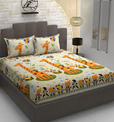 Kids 1 Double Bedsheet For King Size With 1 Pillow Covers - 72 X 78 X 10 Inches, Multicolor | Cotton Feel All Around Elastic Fitted Bedsheet