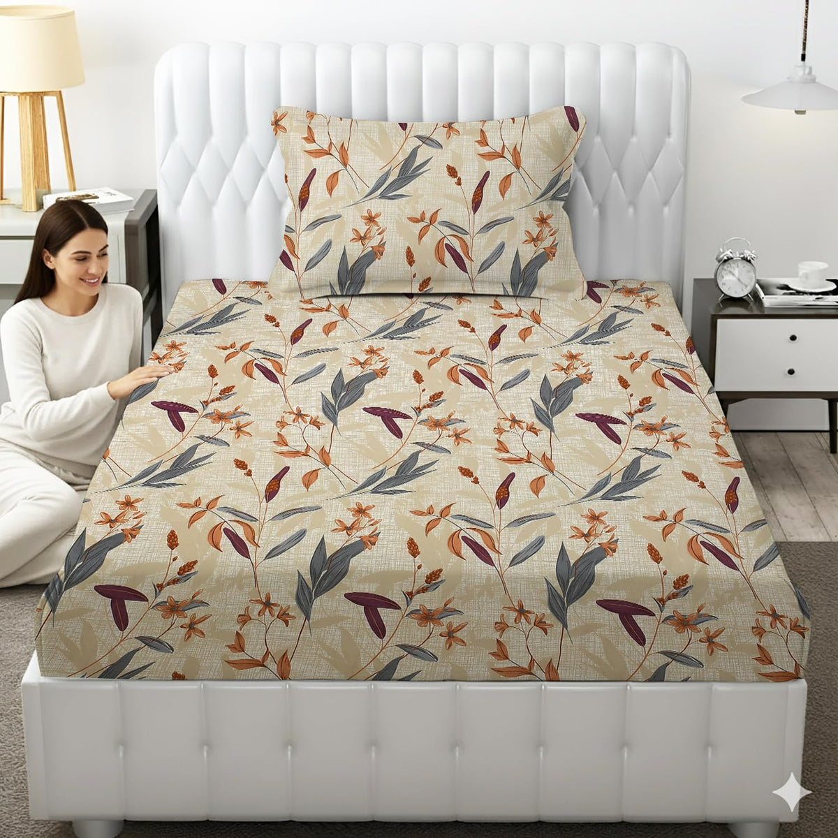 Printed Bedsheet For Single Bed With 1 Pillow Cover - 60 X 90 Inches, Mustard & Grey | Super Soft - Glace Cotton Breathable & Wrinkle Free - 2 Pcs Set