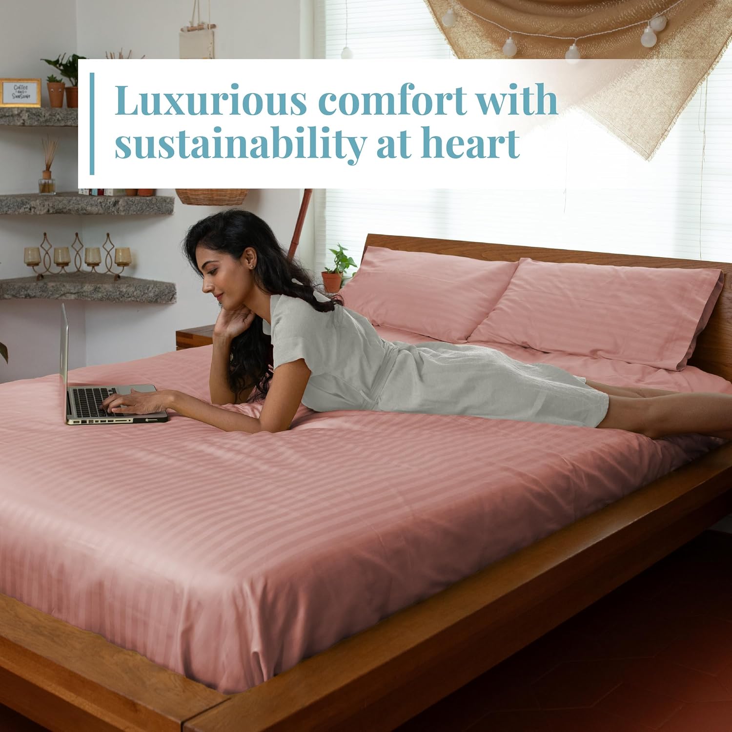 Stripe Cotton Fitted King Bedsheet With 2 Pillow Covers - 72x78 Inches, Pink | 12"Deep Pocket-1 Elastic Fitted-Sateen Weave Premium Bedding Set For Double Bed