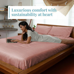 Stripe Cotton Fitted King Bedsheet With 2 Pillow Covers - 72x78 Inches, Pink | 12"Deep Pocket-1 Elastic Fitted-Sateen Weave Premium Bedding Set For Double Bed