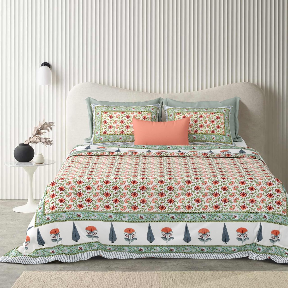 Pure Cotton Double Bedsheet For King Size With 2 Pillow Covers | 90 X 108 Inches, Blush & Green | Ultra-Soft & Skin-Safe | Breathable Summer Comfort