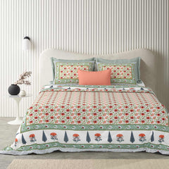 Pure Cotton Double Bedsheet For King Size With 2 Pillow Covers | 90 X 108 Inches, Blush & Green | Ultra-Soft & Skin-Safe | Breathable Summer Comfort