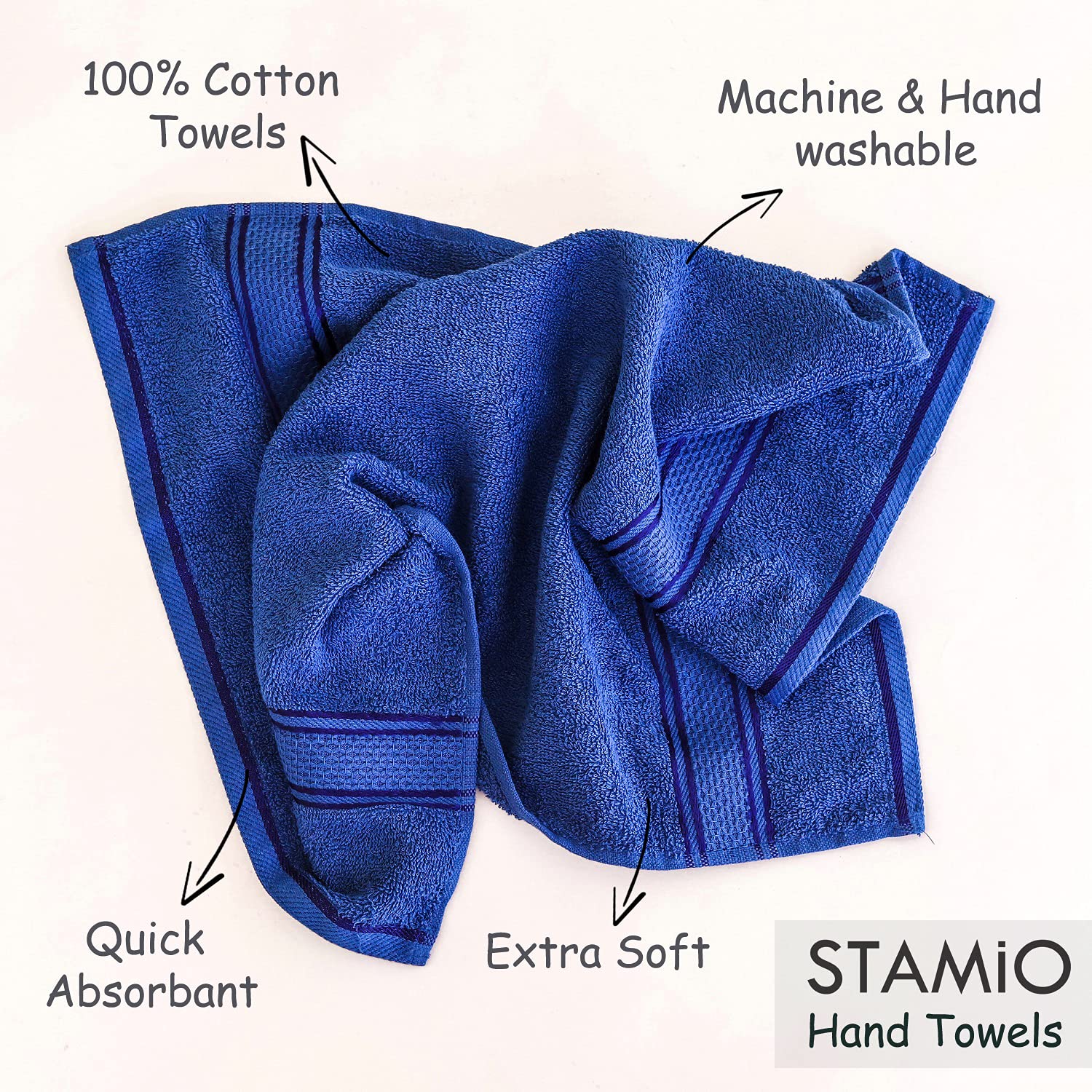 Stamio Cotton Hand Towel 800 Gsm | Soft, Absorbent, Quick Dry, Small Size Towels, Travel Friendly Towel (Navy Blue) - Set Of 4