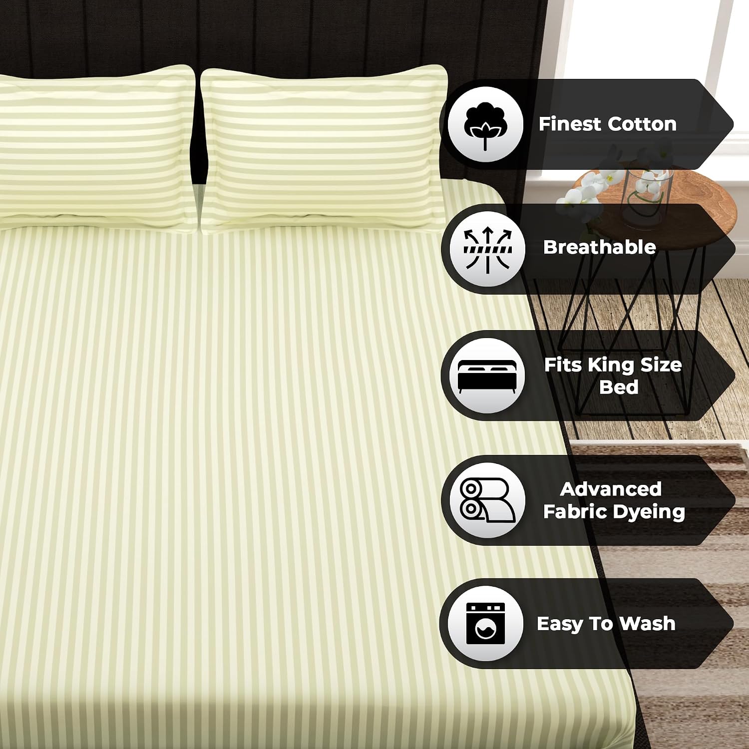 Satin Stripes King Size Cotton Bedsheet With 2 Pillow Covers - 108 X 108 Inches, Cream | Perfect For Home Decor, Guest House | Ideal For All Seasons