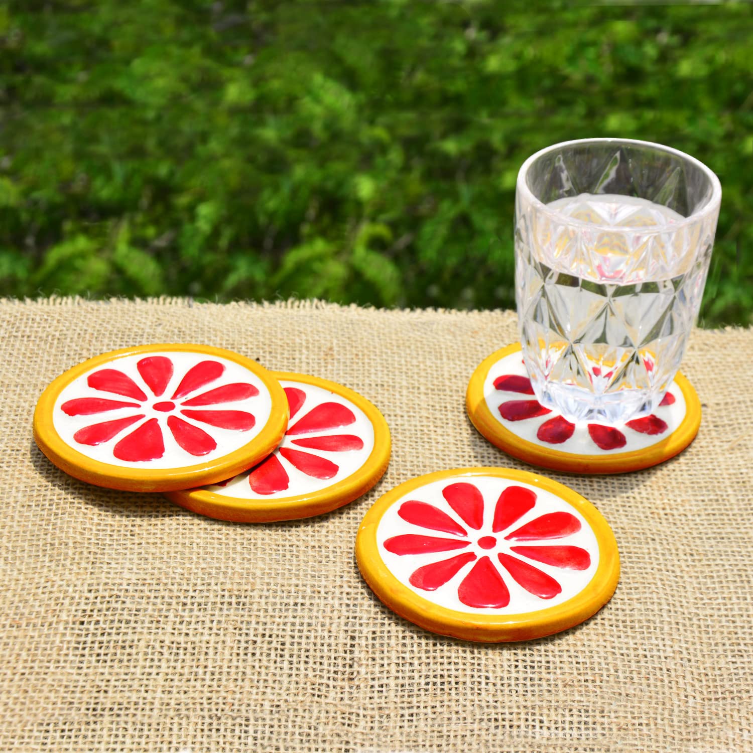 Studio Pottery Ceramic Coasters Set Of 4 - Red & Yellow | Dining Table Coasters - Bar Accessories