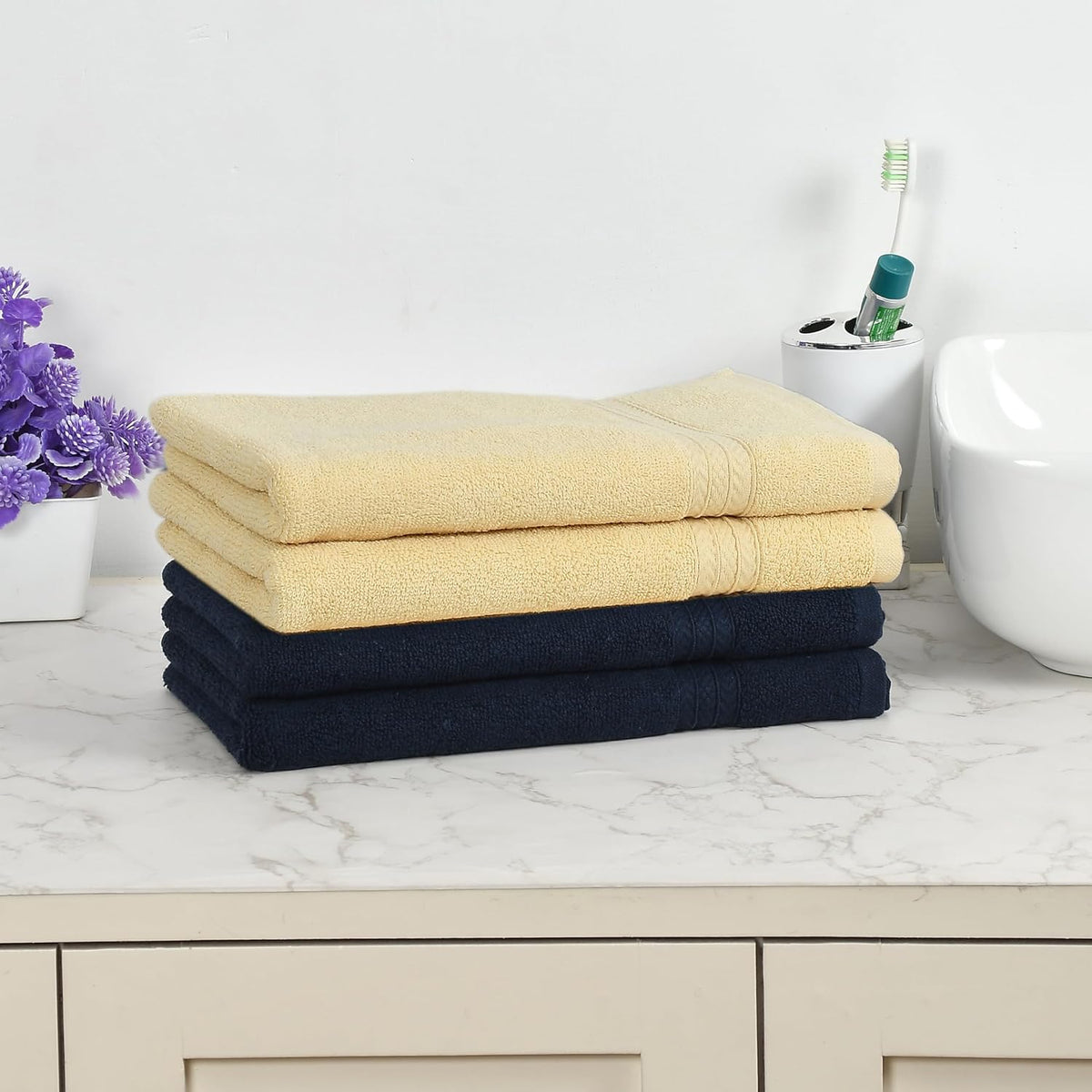 Fresh From Loom Luxury Fur Collection Hand Towel 500 Gsm Napkins Cotton High Absorbency Double Stitched Size (Cream & Dark-Blue) - Set Of 4