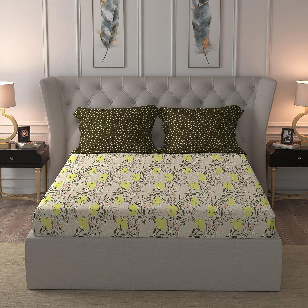 Cotton Bedsheet Double Bed For Queen Size With 2 Pillow Covers - 90 X 100 Inches, Beige & Green | Ideal For Daily Use - Perfect For Queen Bed Durable & Wrinkle Free