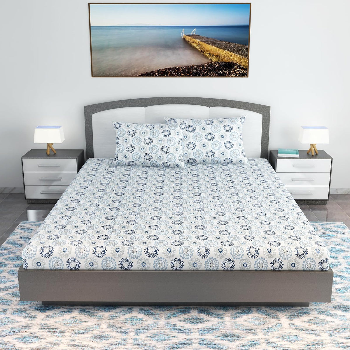 100% Cotton Double Bedsheet For King Size With 2 Pillow Covers | 108 X 108 Inches, White & Blue - Perfect For Home, Guest House, Hotel | Soft, Breathable & Comfortable